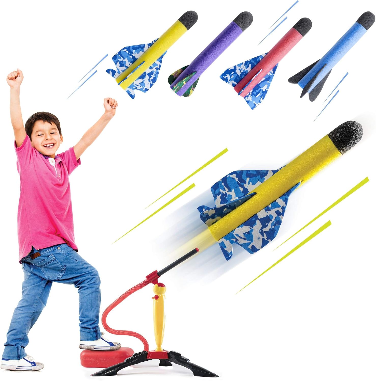 Prextex Toy Rocket for Kids, Ultimate Air Rocket Launcher Toy Set including 4 Foam Rockets and Launch Pad