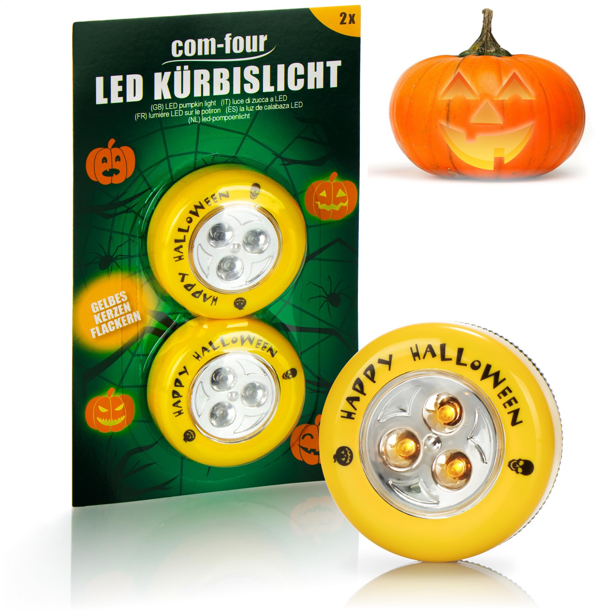 com-four® 2X LED Lights for Halloween - Flashing Pumpkin LED Lights for Hollowed Out and Carved Pumpkins - Pumpkin lamp for Halloween (Set LED - 2X Gelb)