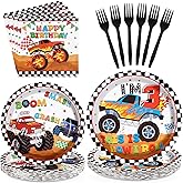 96 Pcs Monster Theme Truck 3rd Birthday Party Supplies Monster Theme Truck Plates and Napkins Checkered Tableware Set Monster Birthday Decorations for 3rd Kids Boys Monster Theme Truck Party Serves 24