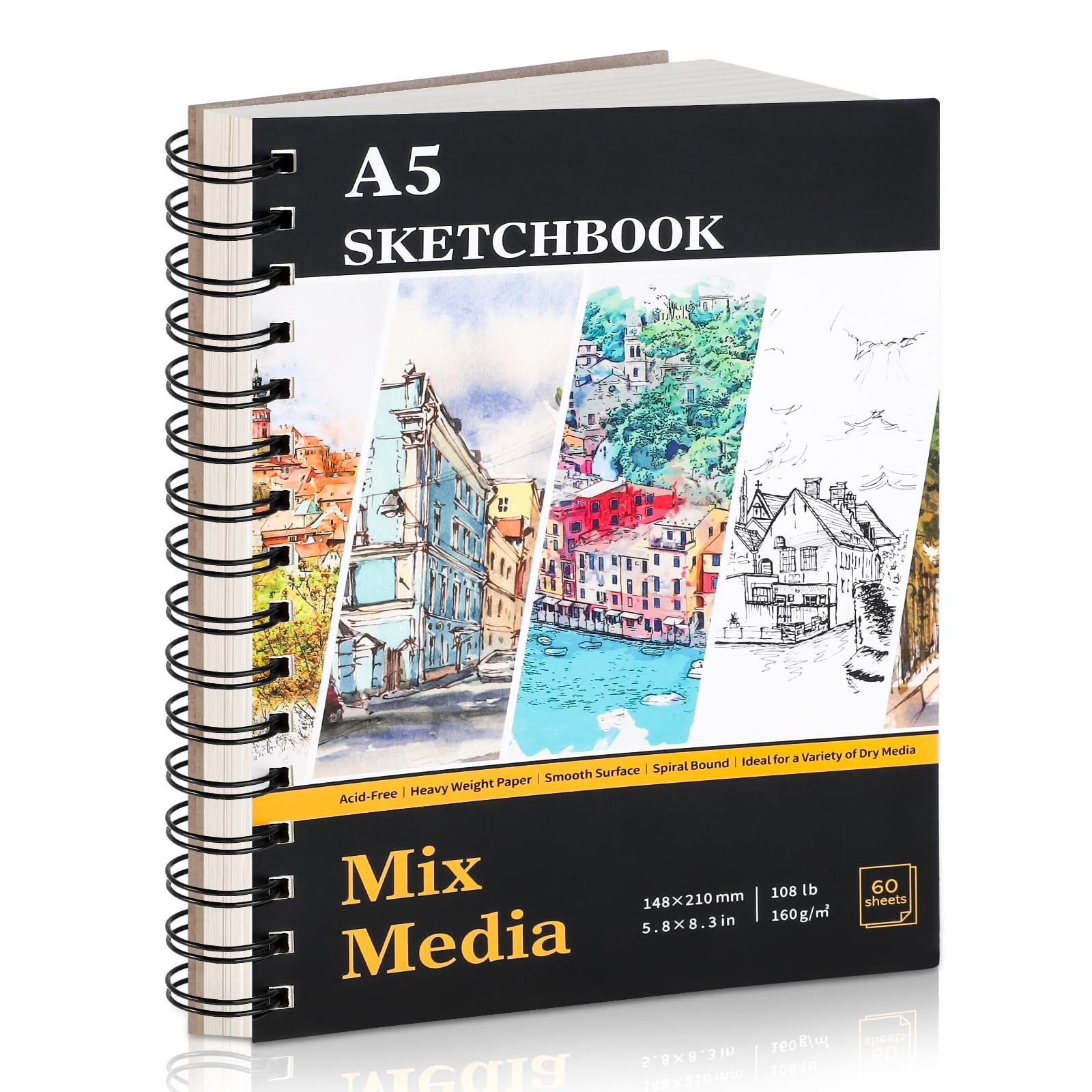 A5 Sketch Book, Mixed Media Sketchbook 60 Sheets / 120 Pages, 160GSM, Spiral Artist Sketch Pad for Sketching, Drawing, Pastel, Acrylic, Craft