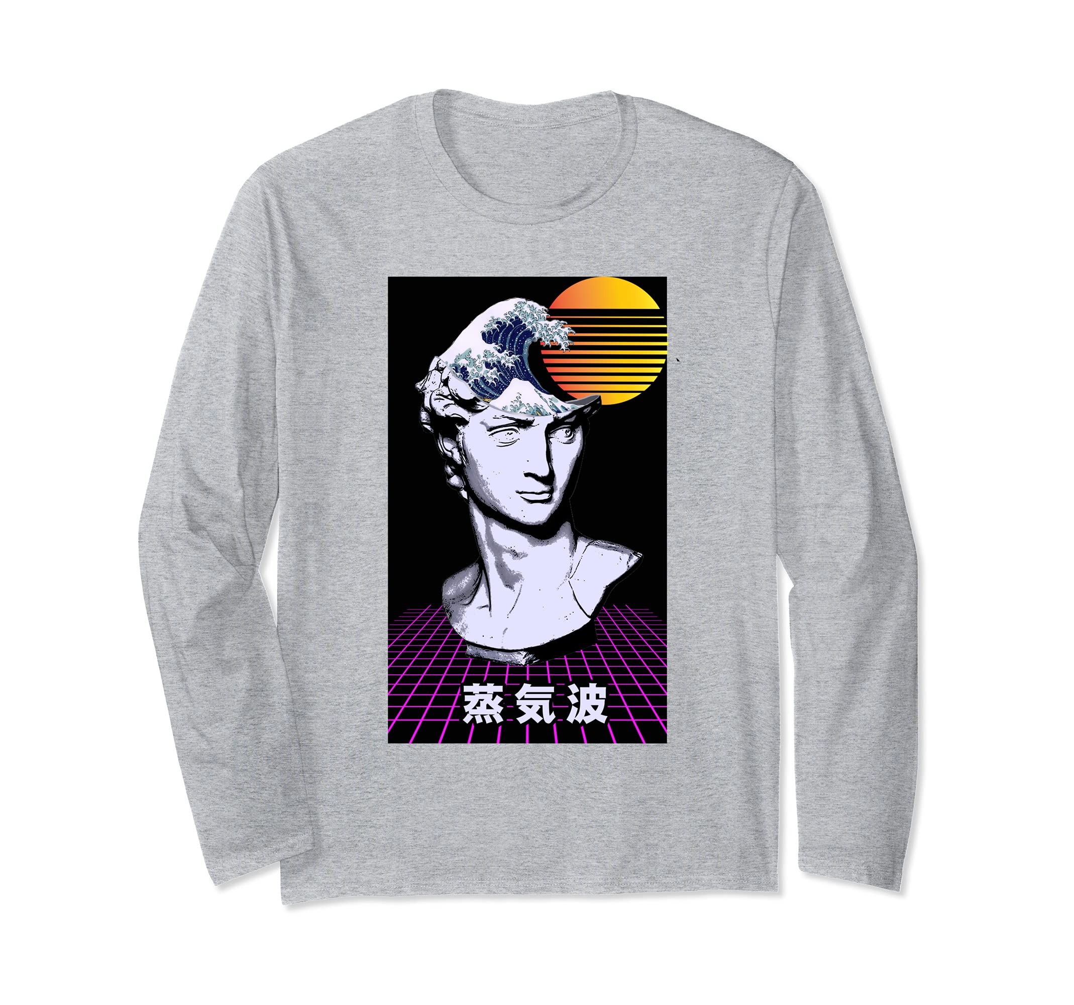 Vaporwave Statue David with a Wave on his head & 80s Sunset Long Sleeve T-Shirt