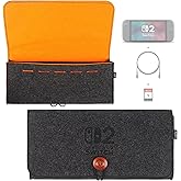 Kingshion Felt Carrying Bag Compatibility with 2025 Switch 2, Double-mouth Portable Travel Bag Ultra Slim Felt Pouch with 5 Game Cartridges Holders for Switch 2 - Dark grey