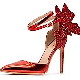 FINDVELL Fashion High Heels Butterfly Back Sexy Stiletto Pumps Closed Toe Sparkly Ankle Strap Heels Sandals Dress Shoes for Women