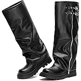 AlureAbys Women's Fold Over Knee High Boots Round Toe Comfortable Flat Platform Chunky Heel Shoes Slip-on Combat Moto Biker Riding Boots Long Boot
