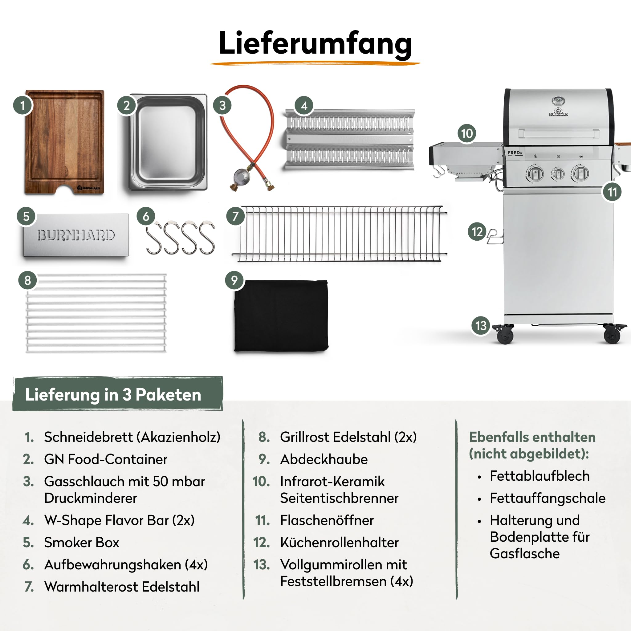 BURNHARD 2-Brenner Gasgrill FRED Jr. Deluxe Series 3 inkl. 900°C Infrarot-Keramikbrenner, Edelstahl-Grillrost, Grillabdeckung, Edelstahl Grillwagen + klappbare Seitentische 7