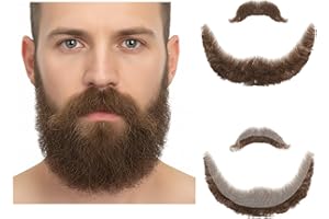 BROMOBIZ Human Hair Fake Beard and Mustache – Curly Thick Brown Beard for Men – Handmade Realistic Costume Facial Hair for Halloween, Cosplay, Theater, Parties