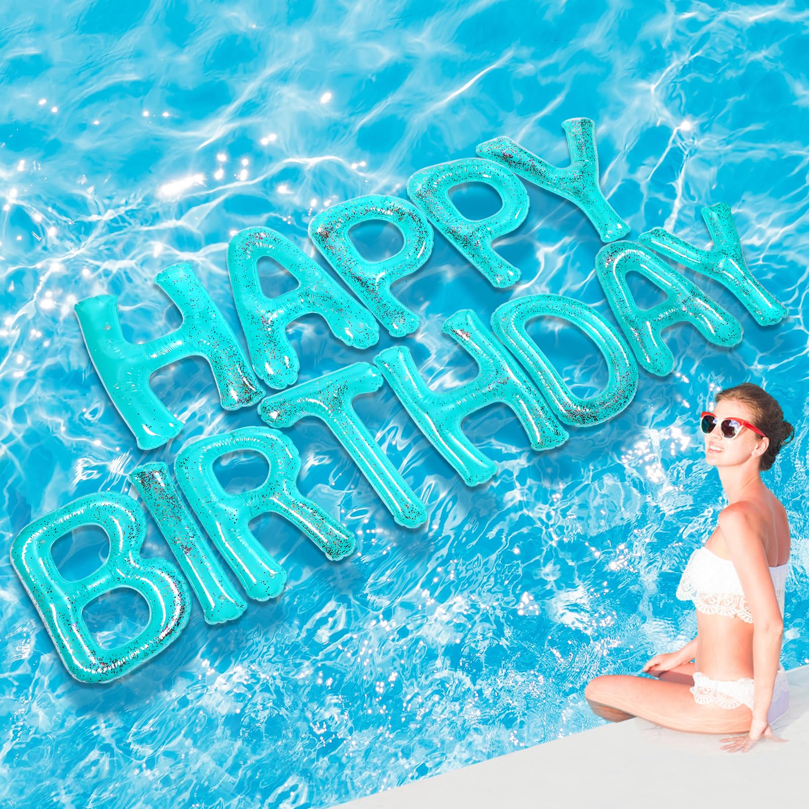 Shappy Turquoise 20'' Happy Birthday Pool Large Floating Letter Balloons with Adhesive Dots Inflatable Pool Decorations for Summer Birthday Party (Colorful Sequins)
