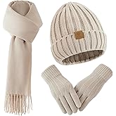 Winter Beanie Hat Scarf Gloves Set for Women, Knitted Skull Cap Long Scarf Touchscreen Gloves 3 in 1 Set for Women/Men