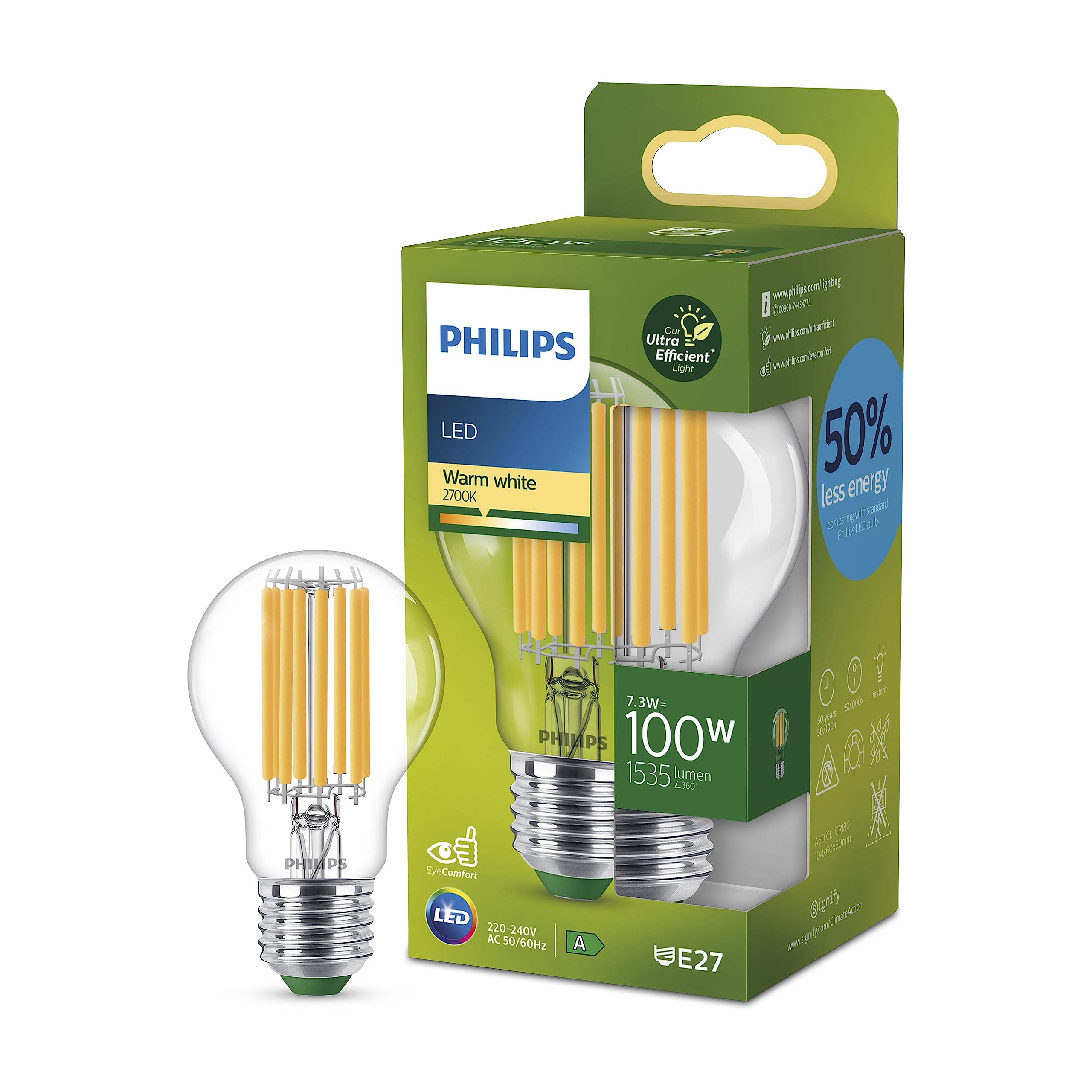 Philips Ultra Efficient - Ultra Energy Saving Lights, LED Light Source, 100W, A60, E27, Warm White 2700 Kelvin, Clear — image 1