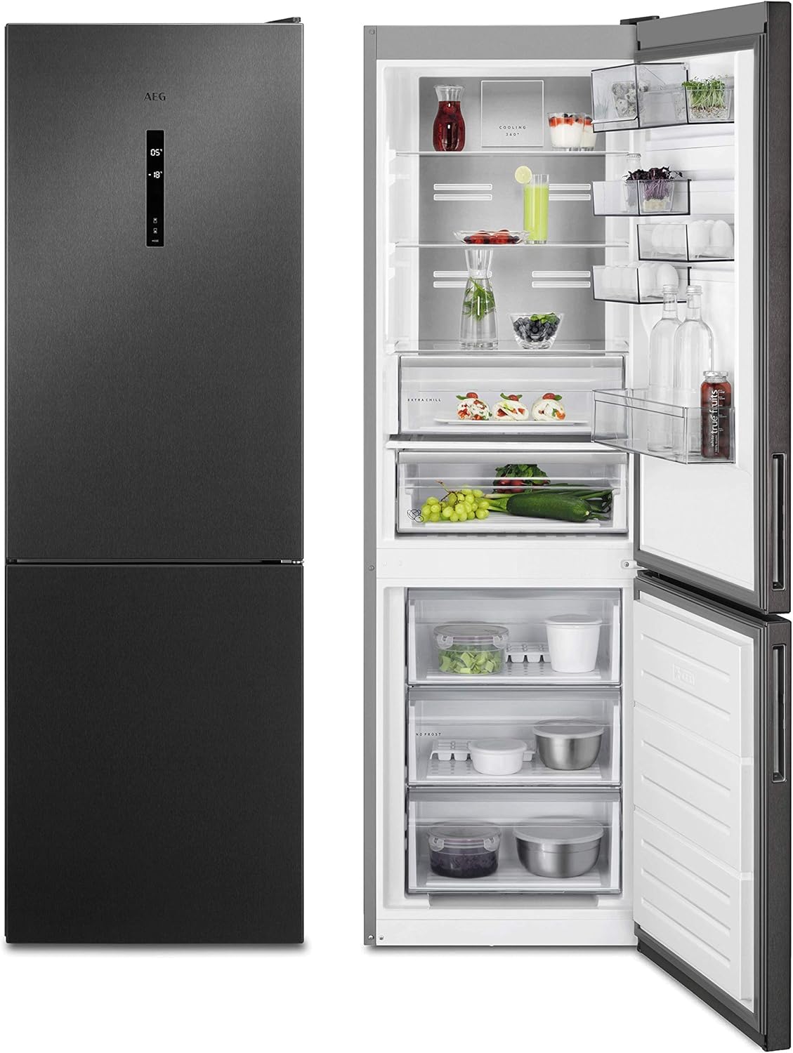 Aeg Rcb732e5mb Freistehende Kuhl Gefrierkombination 1860 Mm Gefrierteil Unten 324 L Customflex Flexibles Turablagesystem Nofrost Farbe Black Stainless Steel Seiten Dunklegrau Energieklasse E Amazon De Elektro Grossgerate