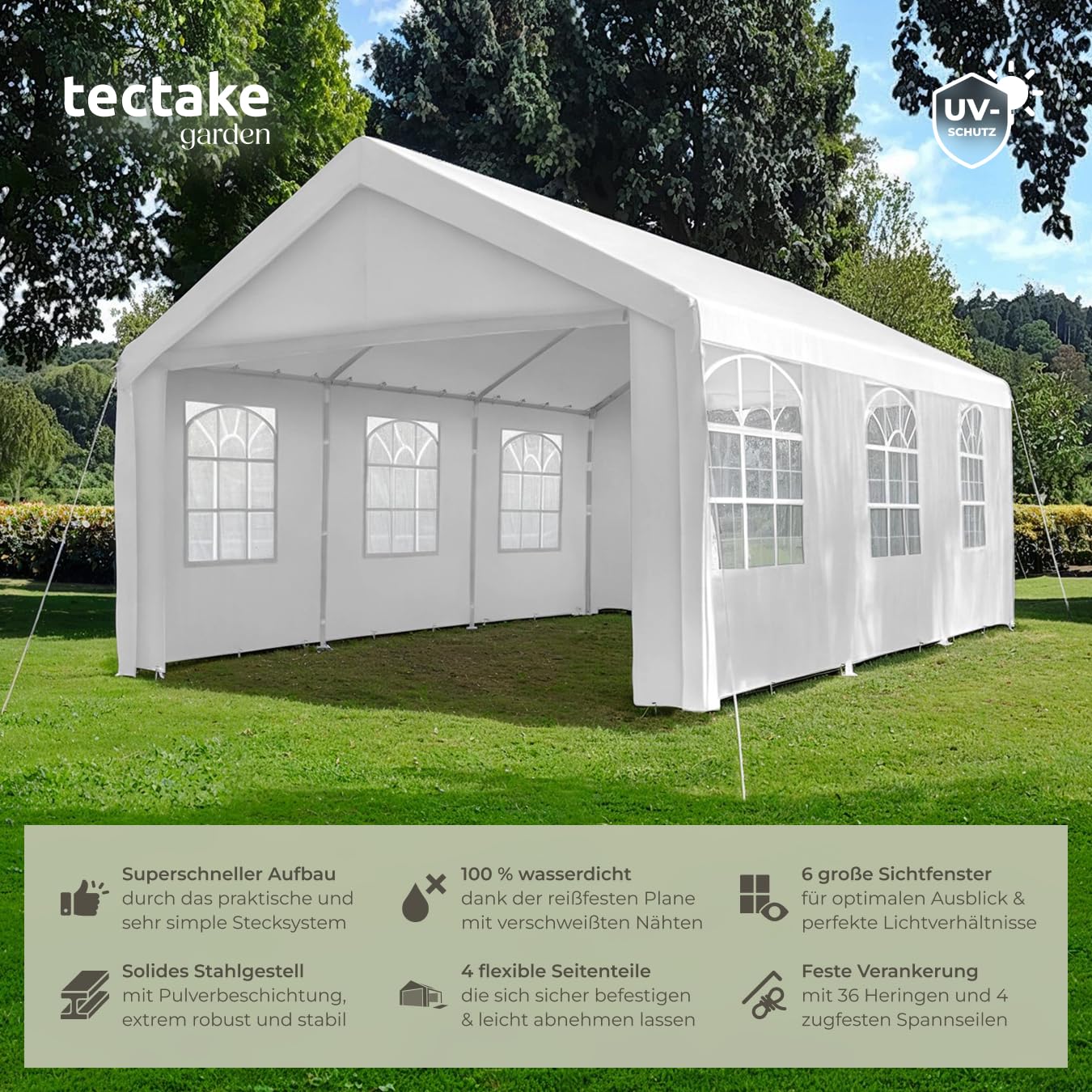 tectake® Pavillon, Partyzelt 4x6 m, 100% wasserdicht, Gartenpavillon mit 4 Seitenwänden, Festzelt mit UV-Schutz, Eventzelt, inkl. Erdnägel und Spannseile, für Festival, Hochzeit, Party - weiß 2