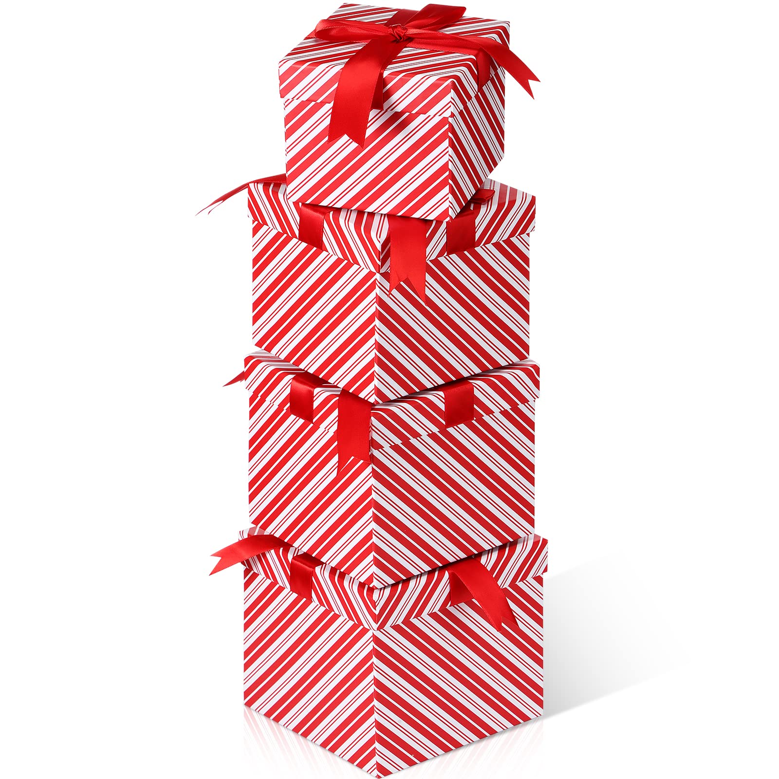 Photo 1 of TaoBary 4 Pcs Christmas Nesting Gift Boxes Hard Xmas Stackable Red White Striped Decorative Boxes with Lids for New Year, Holiday, Birthday Party Gift Decor Supplies