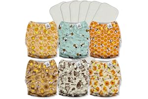 Mama Koala 3.0 Cloth Diapers for Babies with AWJ Lining, Reusable Washable One Size Adjustable Pocket Diapers for Newborns and Toddlers, 6 Pack with 6 5-Layer Bamboo Inserts (A-Hardworking Bees)