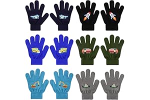 QKURT 6 Pairs Kids Winter Magic Gloves, Children Stretchy Knitted Full Finger Gloves with Cute Cartoon Pattern for Boys Girls