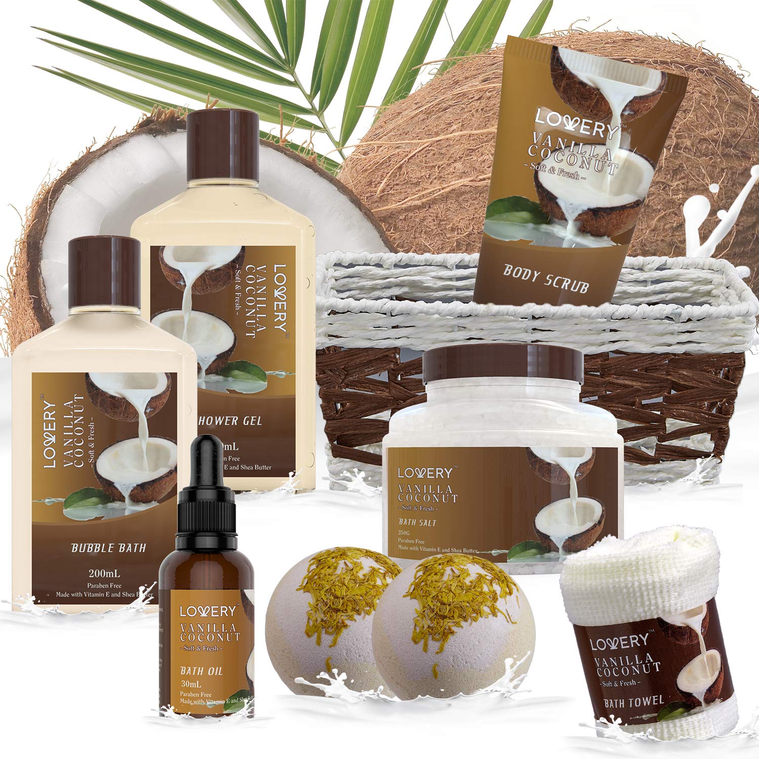 Bath and Body Gift Basket For Women and Men – 9 Piece Set of Vanilla Coconut Home Spa Set, Includes Fragrant Lotions, Extra Large Bath Bombs, Coconut Oil, Luxurious Bath Towel & More : Beauty