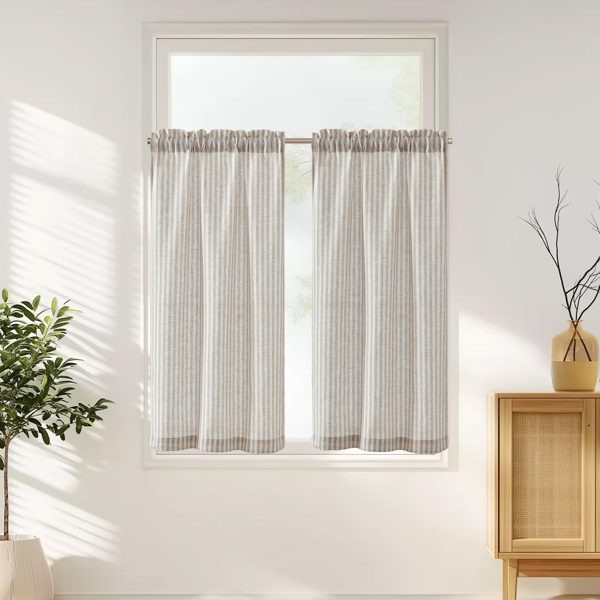 TOPICK Striped Kitchen Curtains 45 Inch Drop, Light Filtering Small Cafe Curtains, Rod Pocket Short Half Window Curtain Tier for Bedroom, Bathroom, Cupboard Base, Sink, Taupe Grey, 2 Panels, W26xL45