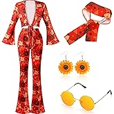 Foaincore 6 Pcs 70s Disco Outfits for Women Hippie Halloween Costume Set Flared Pants Headband Earring Sunglass