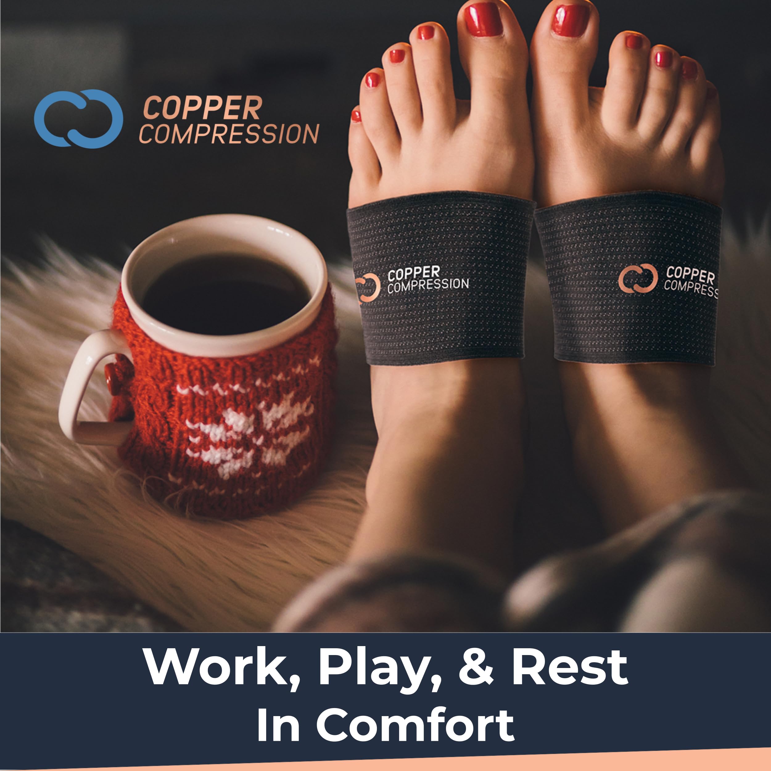 Copper Compression Arch Support - 2 Pain Relief Foot Care Brace Sleeves for Plantar Fasciitis, Heel Spurs - Wide & Narrow Feet - Flat Feet & Fallen Arches, High Arch - One Size - 1 Pair Black