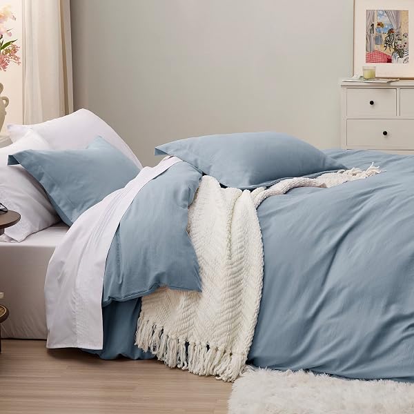 BEDSURE GRAYISH BLUE DUVET COVERS QUEEN SIZE – PREWASHED COTTON-LIKE POLYESTER DUVET COVER, SOFT QUEEN DUVET COVER SET 3 PIECES WITH ZIPPER CLOSURE, 1 DUVET COVER 90X90 INCHES AND 2 PILLOW SHAMS