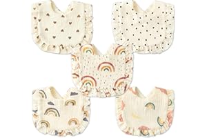 Zainpe 5Pcs Snap Muslin Cotton Baby Drooling Bibs Rainbow Bear Heart Bib with Flounce Lace Absorbent Layers Soft Bandana Burp