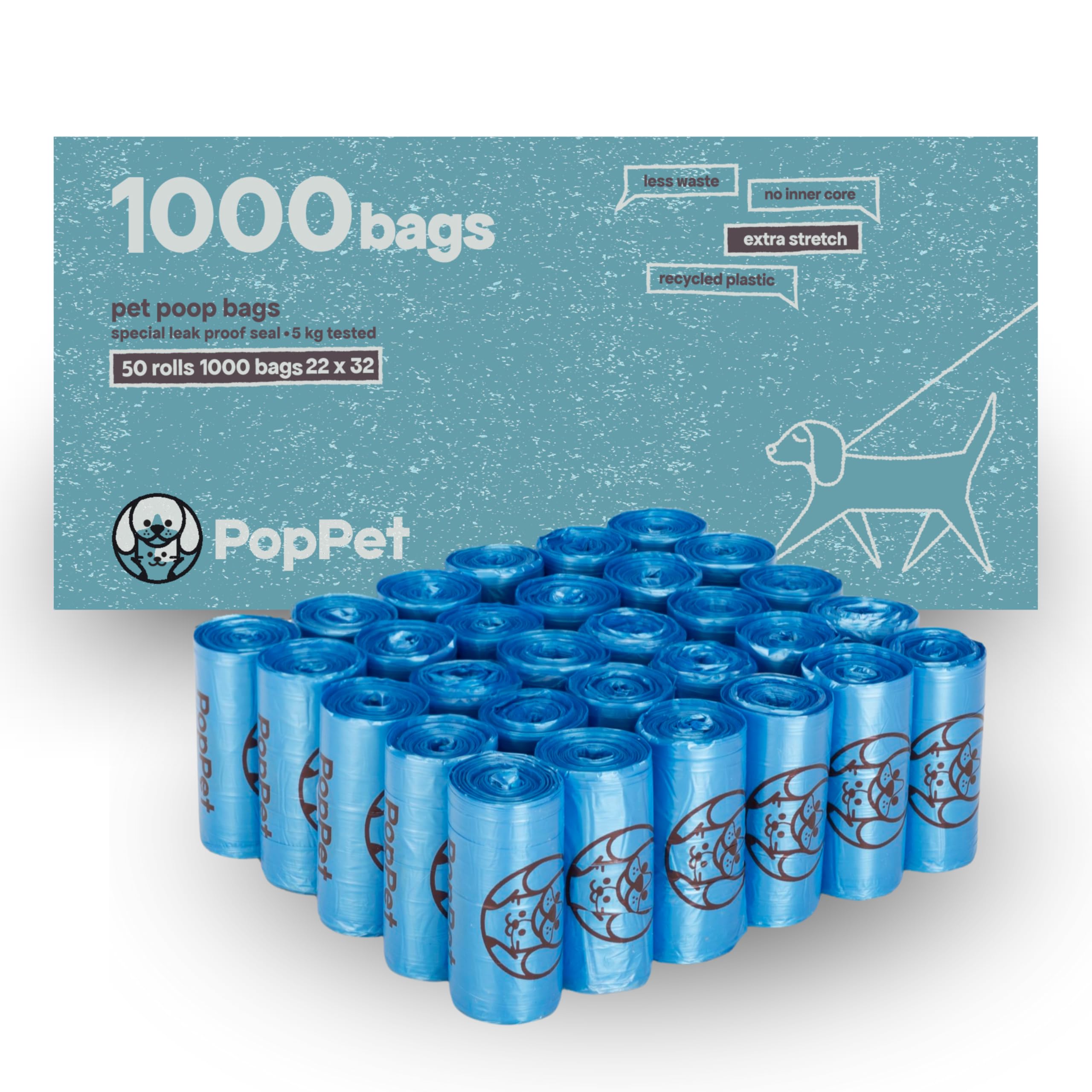 Poppet, 50 Rolls 1000 Extra Stretch Dog Poop Bags - Heavy Duty - Easy to Open & Leak Proof Recycled Material - For All Dispensers - Pack of 50 Rolls