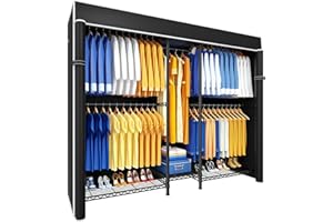 Ulif E12C Heavy Duty Closet Organizer System，Freestanding Clothing Rack, Adjustable Garment Rack 71" W x 16" D x 76.5" H Holds 960 lbs, Black Rack with Black Dustproof Cover