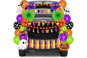 Roberly Trunk or Treat Decorations Kit for Car SUV, Happy Halloween Themed with Banner, Paper Fans, Balloons, Light, Tassel and Pumpkin Bat Ghost Sticker for Halloween Door Garage Car Decor