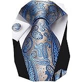Hi-Tie Men 63inches Tie Set Extra Long Necktie Paisley Tie Pocket Suqare Cufflinks Big and Tall Men Tie