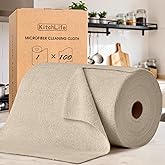 KitchLife Microfiber Cleaning Cloth Roll, 100 Pack - Tear-Away Microfiber Paper Towels, Lint-Free, Reusable, Washable for Kitchen, Car, Dishes, and Sensitive Surfaces (Sand Beige)