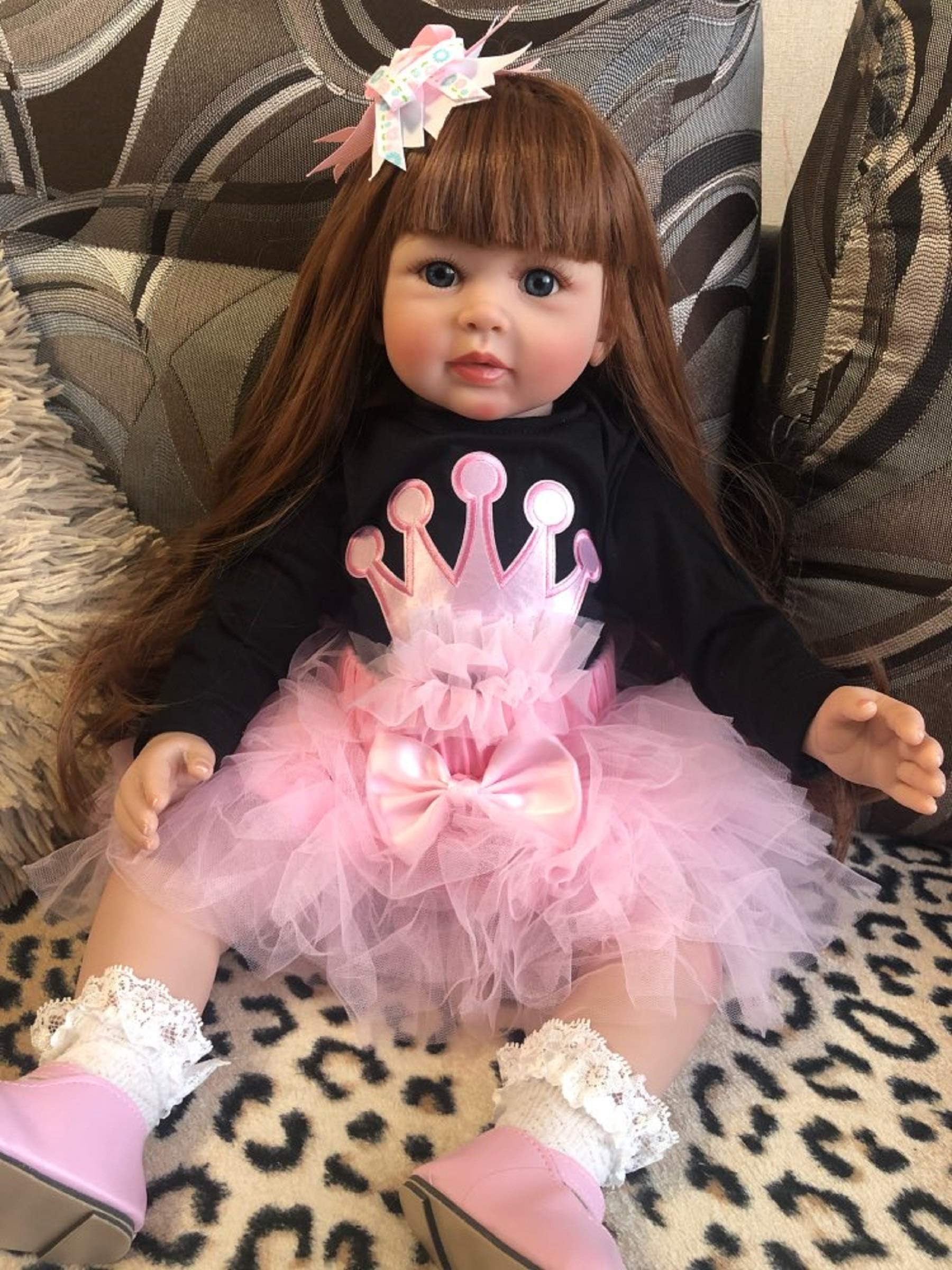 AngelbabyLifelike Soft Silicone Toddler Dolls Reborn Baby Girl Princess Dolls 24 Inch 60CM Huggable Cloth Body Real Babies Feel Children with Clothes (Pink/Black)