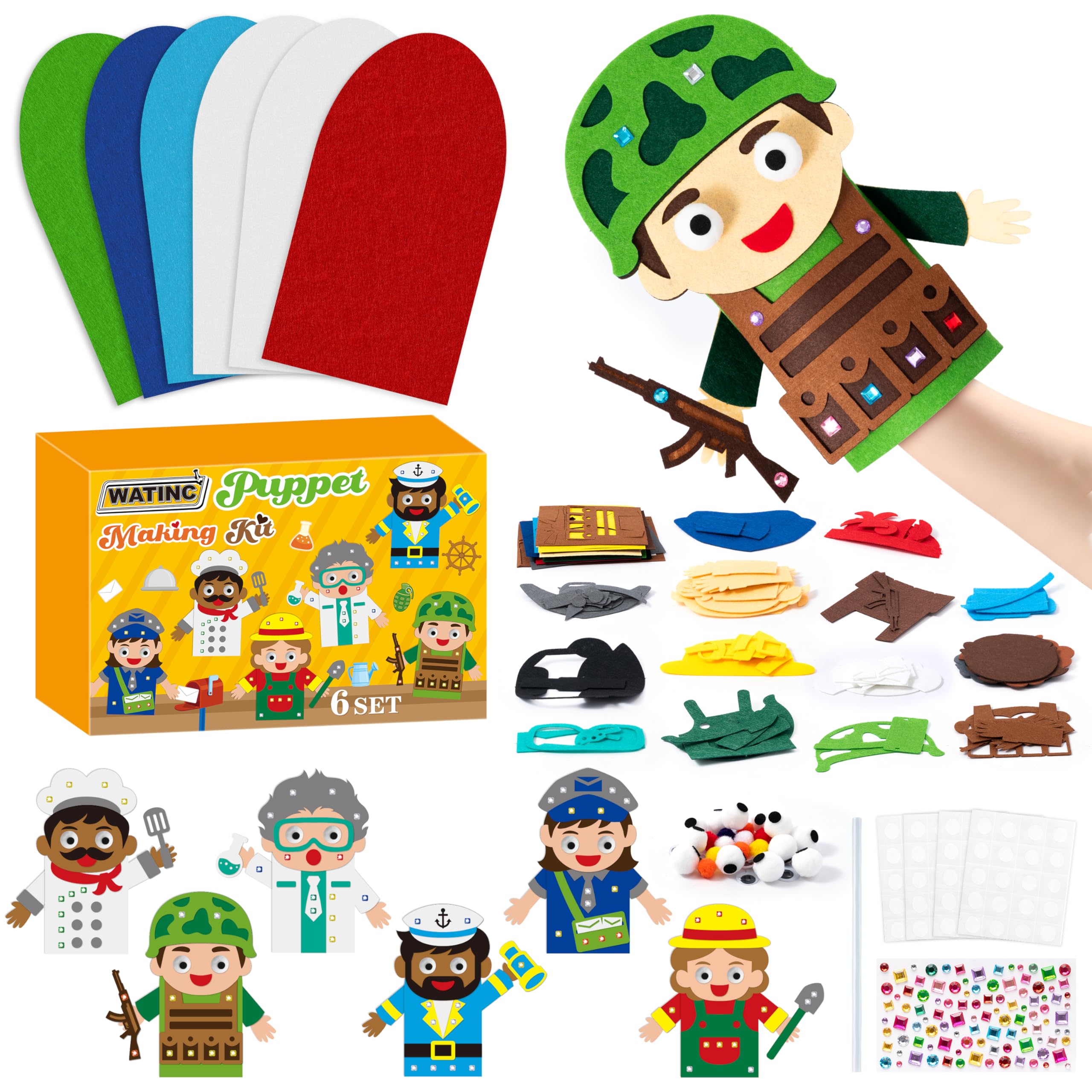 WATINC 6Pcs Hand Puppet Making Kit, Art Craft Felt Sock Puppet Toys, Creative DIY Make Your Own Pompoms Wiggle Googly Eyes Storytelling Role Play Party Supplies Gift for Girls Boys (Career B)