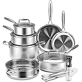 Stainless Steel Cookware Set - VONIKI Tri-ply Stainless Pots And Pans Set with Steamer Basket, Non Toxic Induction Cookware, Kitchen Cookware Sets PFOA & PTFE Free, Dishwasher and Oven Safe