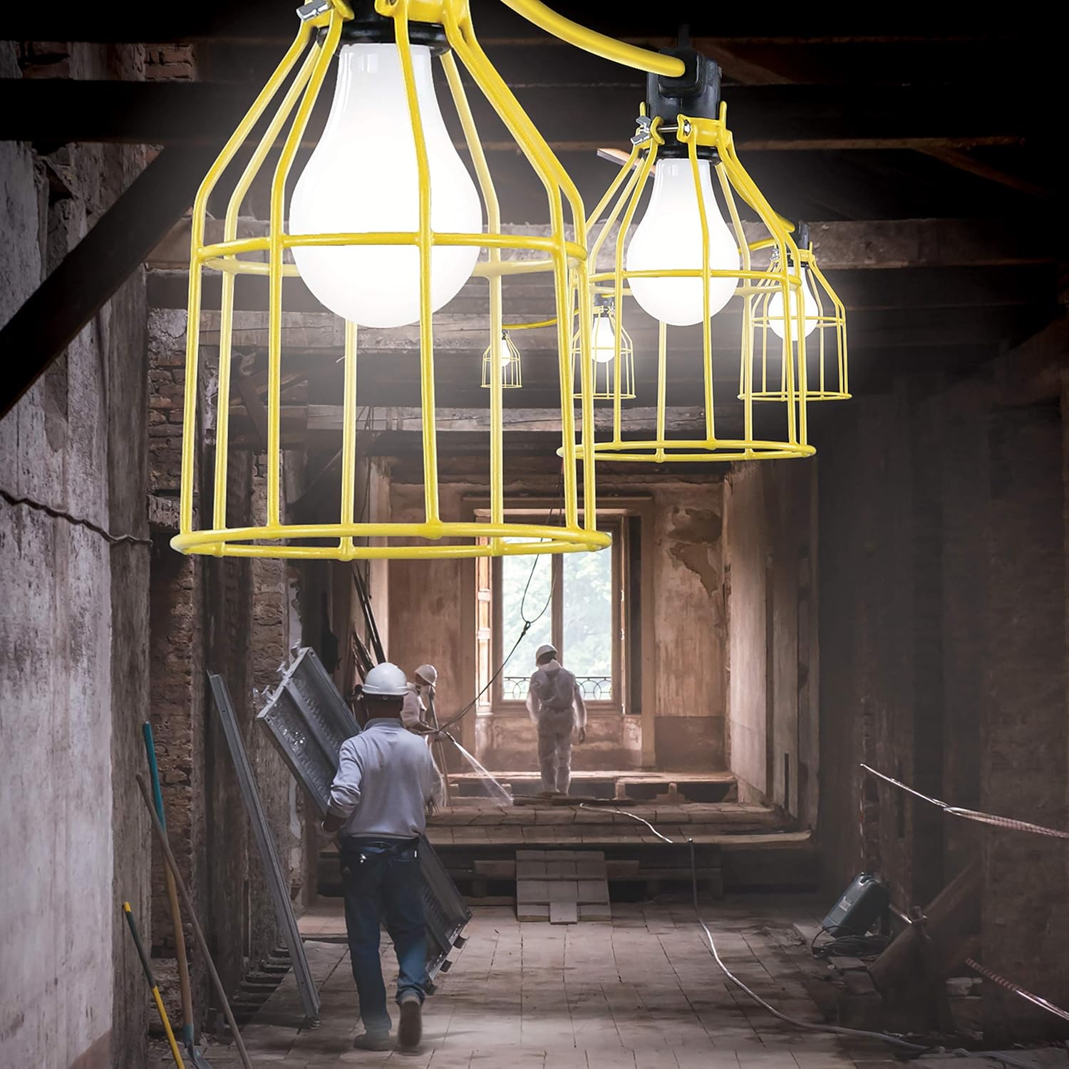 Clear Power 50ft Work Light String 5Bulb LED Compatible, Metal Cages