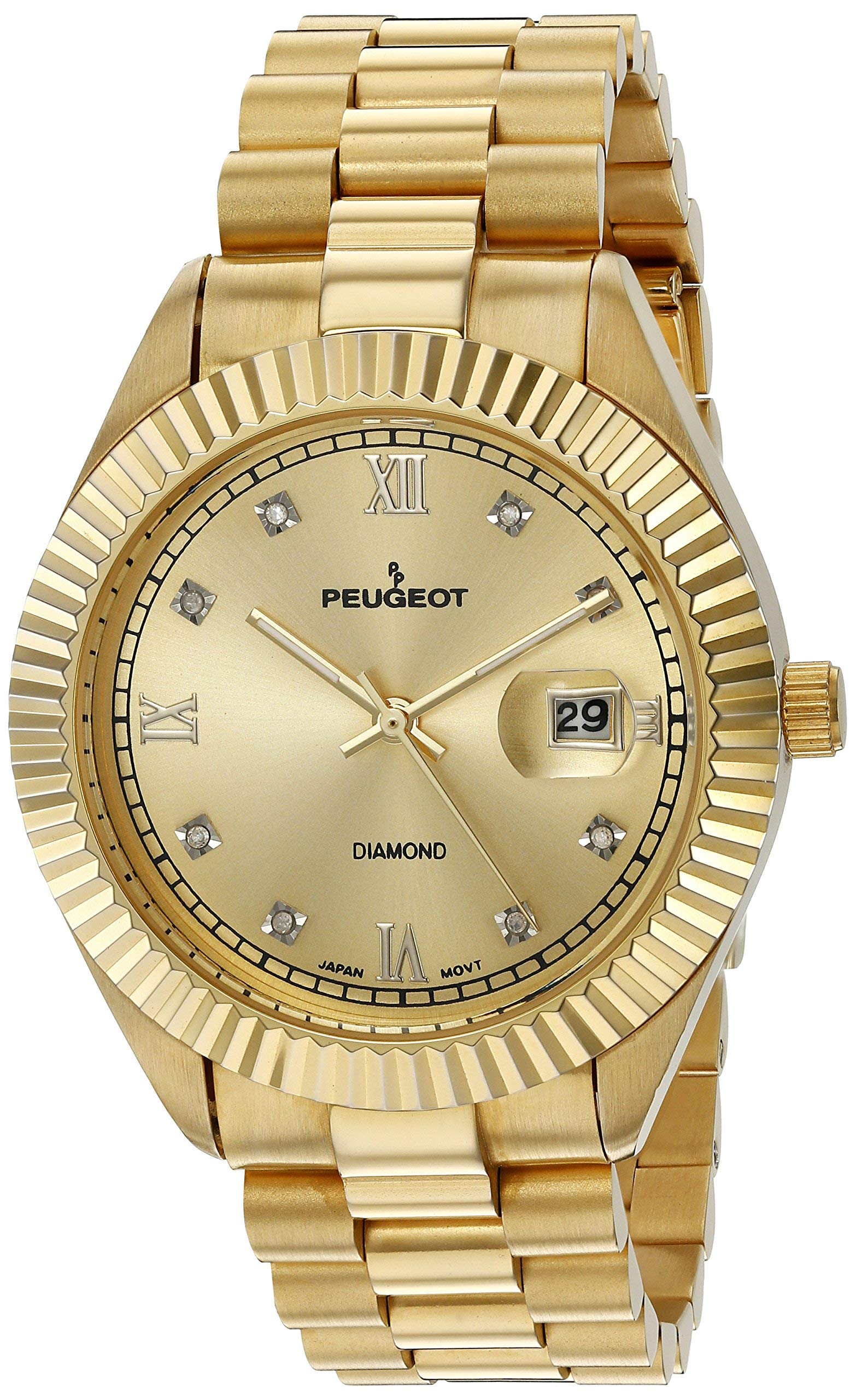Peugeot Reloj de vestir de lujo chapado en oro de 14 quilates con diamantes y bisel estriado y calendario