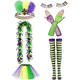 SATINIOR 8 Pcs Mardi Gras Costume Set Women, Tutu Skirt Outfit with Feather Boa & Headband, Carnival Party Favor Accessories