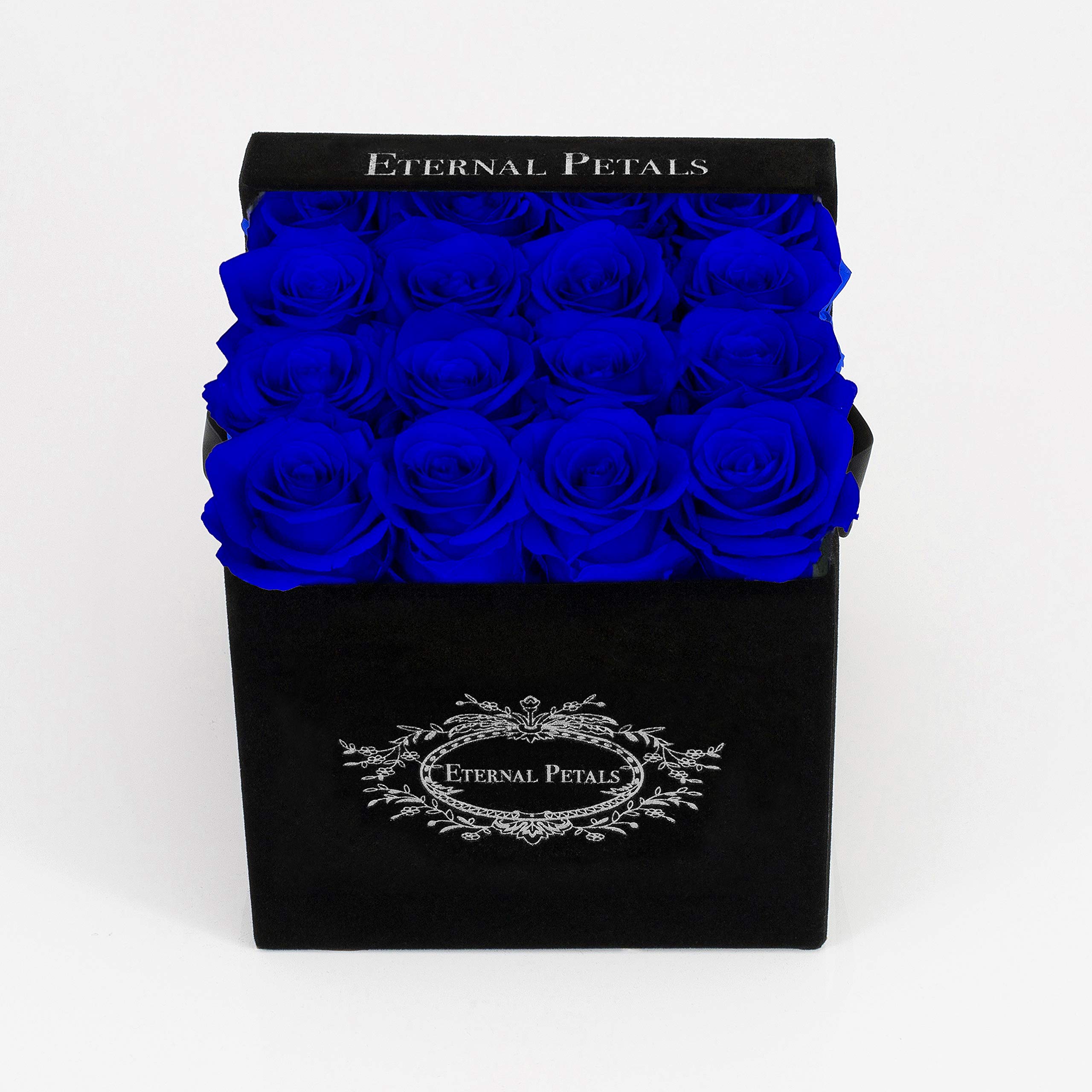Real Roses That Last Years - Eternal Petals, Handmade in UK – 16 Roses, Square Black Flower Box (Dark Blue)