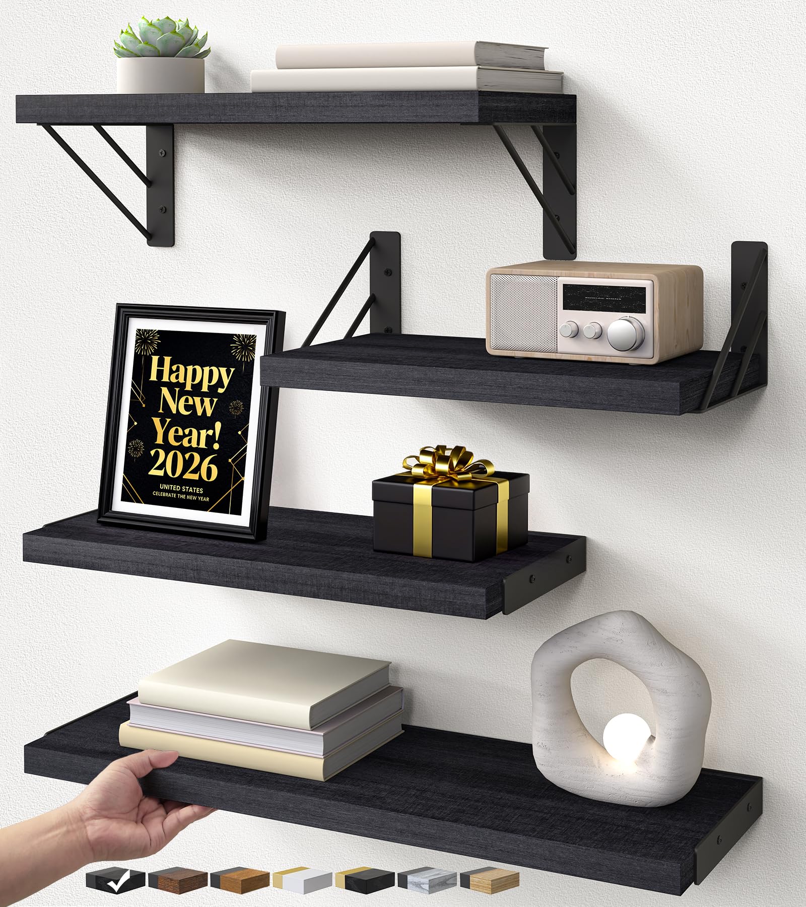 Photo 1 of BAYKA Wall Mounted Floating Shelves, Wood Floating Wall Shelf for Books & Decor, Small Space-Saving Display & Organizer?Black?Set of 4?