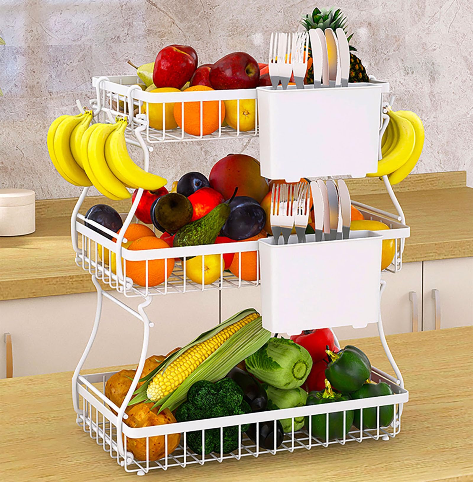 Photo 1 of 3 Tier Fruit Bowl with 4 Banana Hanger Hooks, Countertop Fruit Vegetable Bowls Basket with 2 Storage Holder for Kitchen