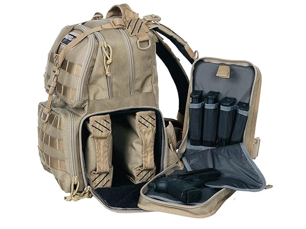 G.P.S. TACTICAL RANGE BACKPACK | TAN | 3 HANDGUNS CAPACITY | MOLLE WEBBING | DURABLE WATERPROOF STAIN-RESISTANT SHOOTING TACTICAL GEAR