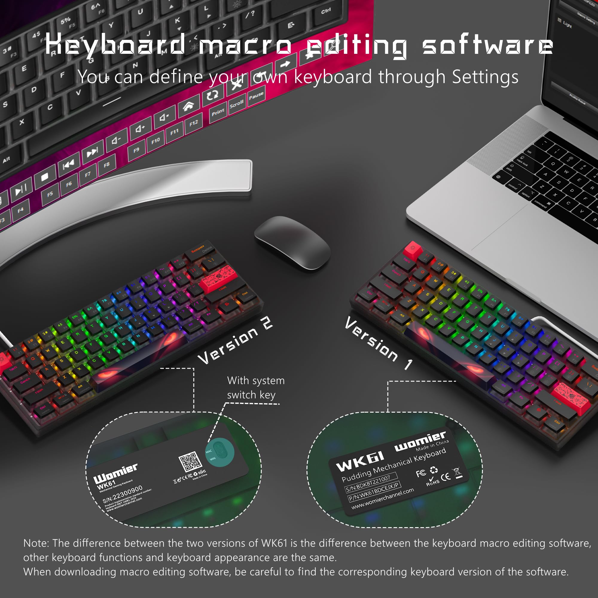 Womier 60% Percent Keyboard,WK61 V2 Mechanical RGB Wired Gaming Keyboard,Hot-Swappable Creamy Key Board with PBT Keycaps,Linear Red Switch for Windows/MAC (Black)