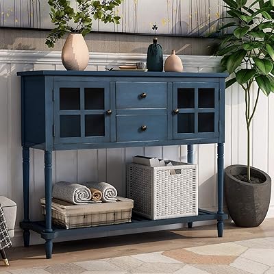 P PURLOVE Rustic Console Buffet Table with Storage, Antique Navy