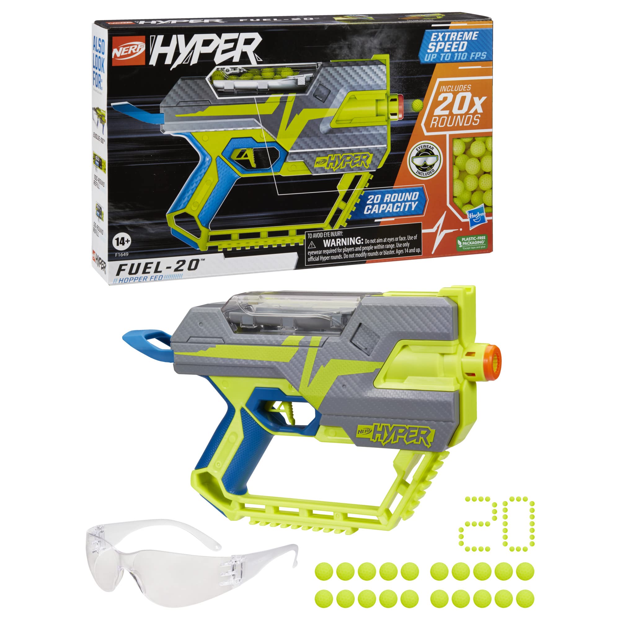 Nerf Hyper Fuel-20 Blaster, 20 Nerf Hyper Rounds, Up to 110 Fps Velocity, Hopper Fed, 20-Round Capacity, Easy Reload, Eyewear Included,Multicolor