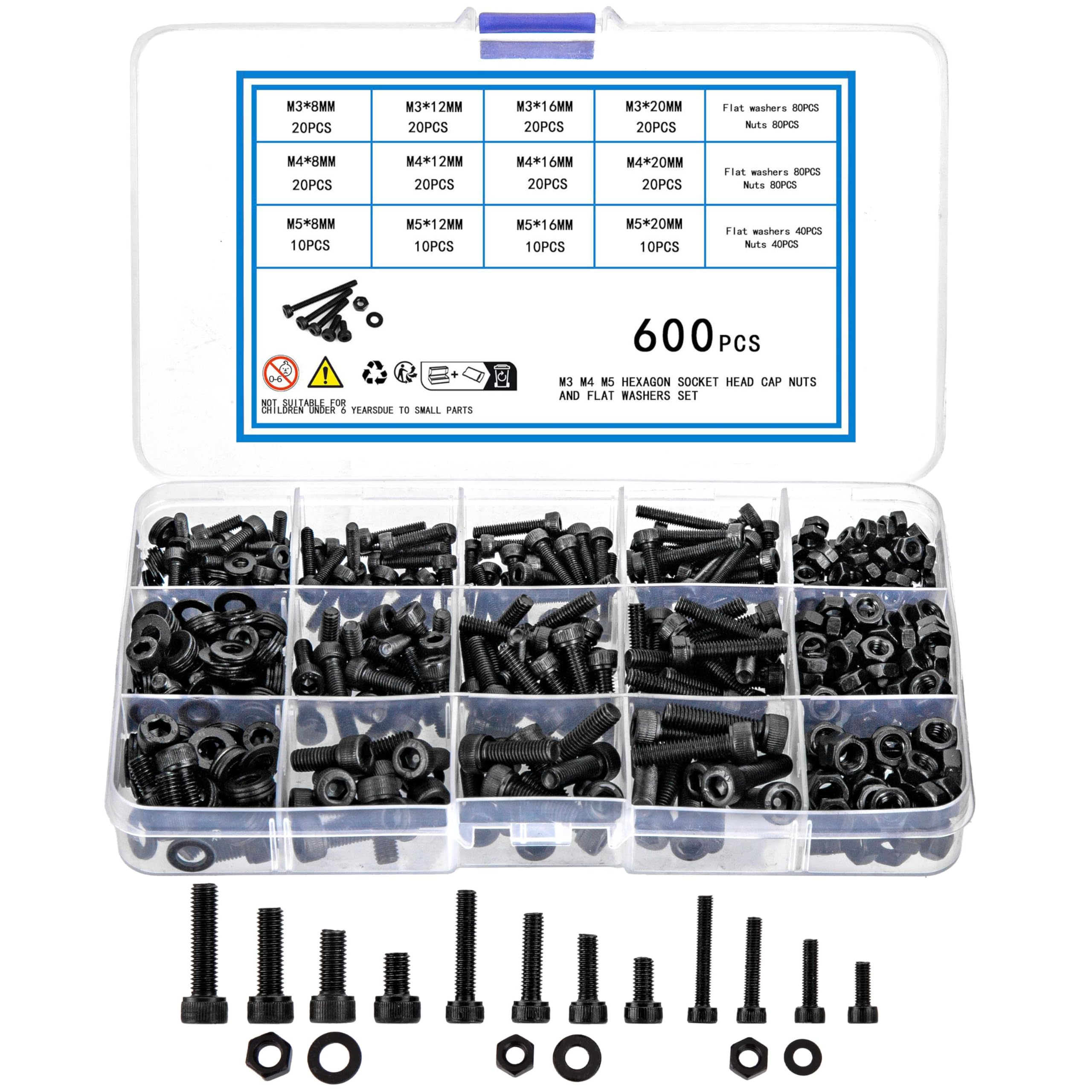 KOXXIAMOQ 600 Pcs M3 M4 M5 Nuts and Bolts Set, Hex Socket Head Cap Screws Bolts and Nuts and Washers Set, Mechanical Hexagon Socket Head Cap Screws Assortment Kit