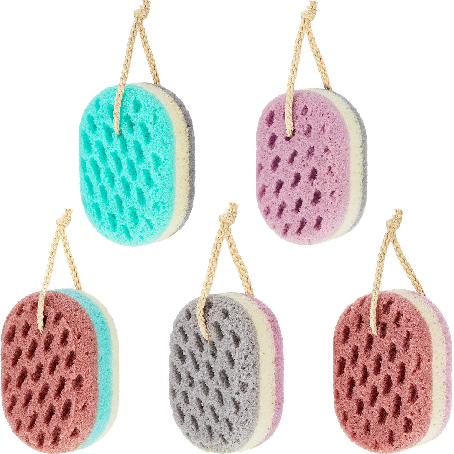 5 Pieces Soft Bath Sponge Gentle Soothing Body Kids Sponge Natural Fiber Exfoliating Shower Sponge for Women Men, Random Color (Oval Shape)
