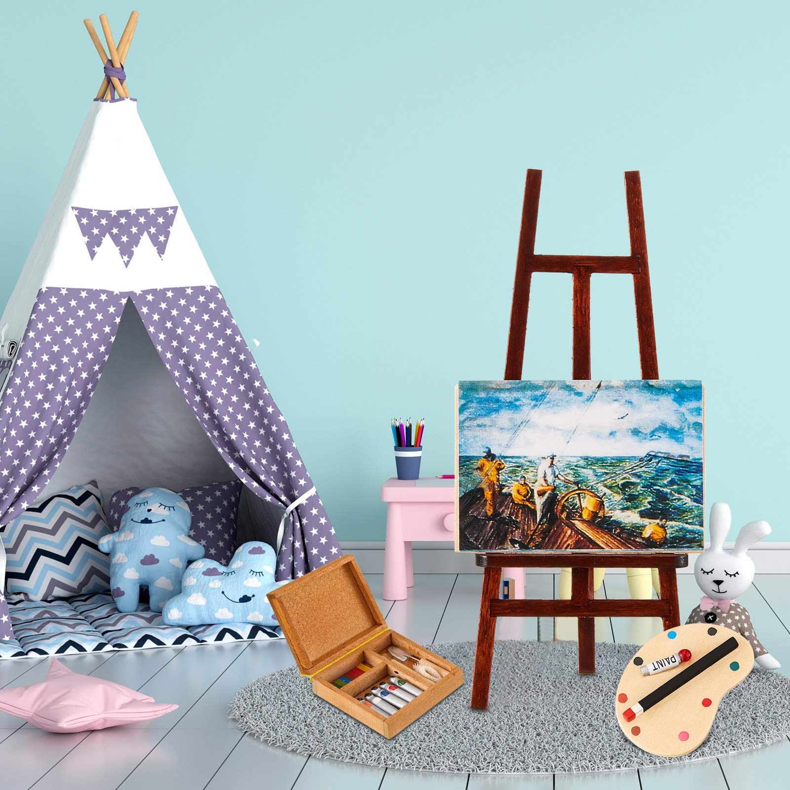 Skylety 3-Piece Dollhouse Painting Tool Accessories Set - Wooden Easel, Miniature Palette, Watercolor Box for Dolls