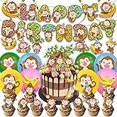 ADIANZI Monkey Birthday Party Decorations Monkey Birthday Banner Hangings Cake Topper Cupcake Toppers Ballons Monkey Themem Party