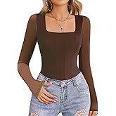 Avidlove Women's Long Sleeve Bodysuits Square Neck One Piece Body Suit Mesh Leotard Tops Double Lined Soft