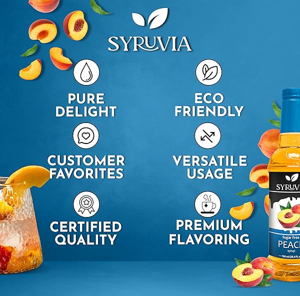 SYRUVIA SUGAR-FREE PEACH SYRUP, FLAVORED SYRUP FOR DRINKS, COCKTAILS, LEMONADES, ICED TEAS, AND DESSERTS – 25.4 FL OZ
