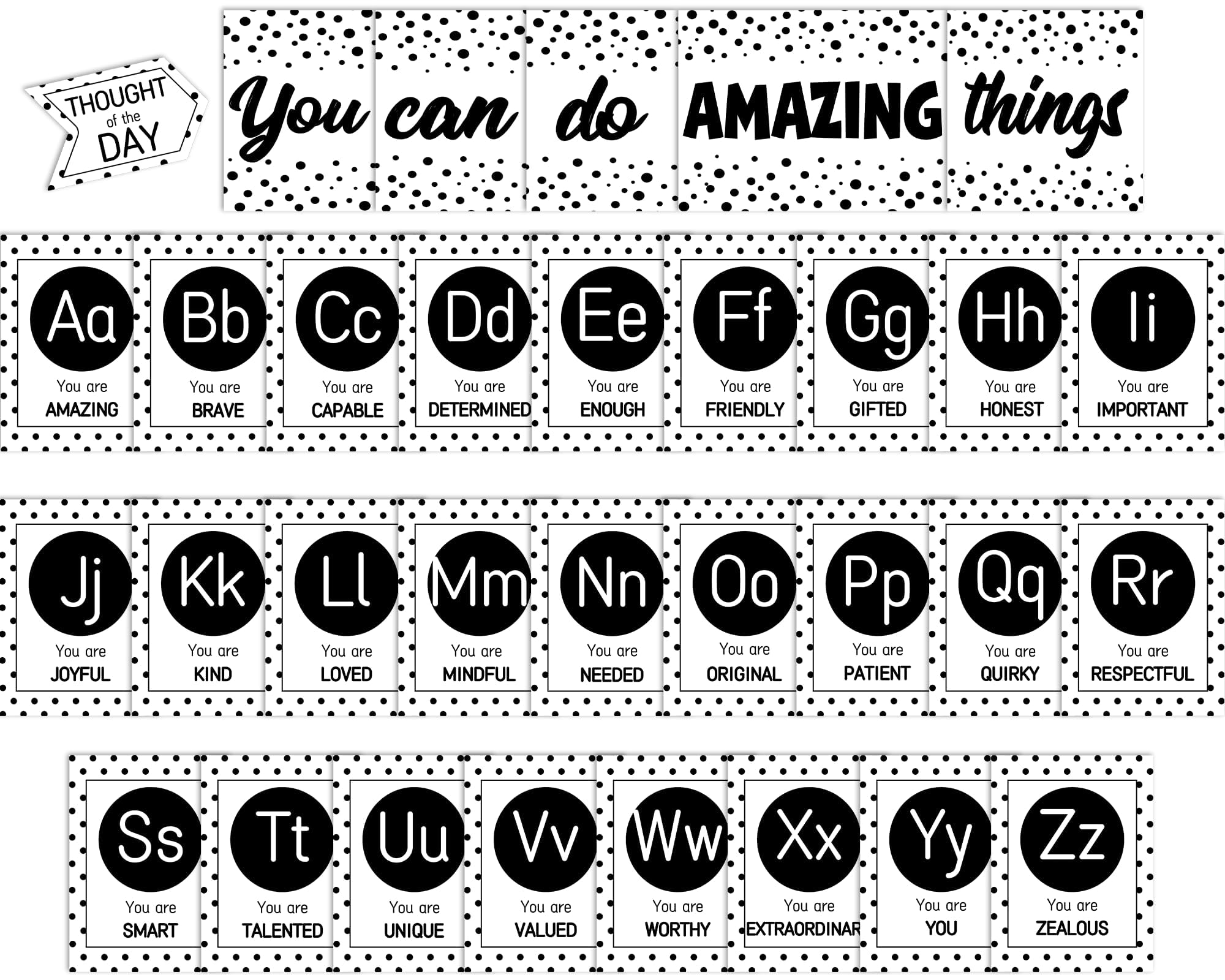 Photo 1 of Bulletin Board Letters - ABC Alphabet with Growth Mindset Posters, Black and White Dual-Purpose Resource Motivational Banner English Learning Poster School Classroom Wall Decor for Preschool Supplies