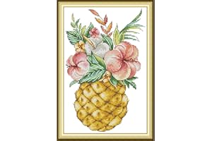 Svarog Stamped Cross Stitch Kits Beginners Full Range of Embroidery Patterns Starter Kits for Adult or Kids DIY Cross Stitches Needlepoint Kits 14CT-Pineapple and Flowers 7.09x10.63 inch